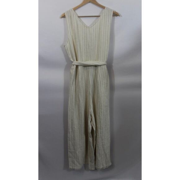 SOTELA Sz 3 L Large Flor Stripe Linen Jumpsuit Crop Wide Leg Belt - Picture 9 of 10